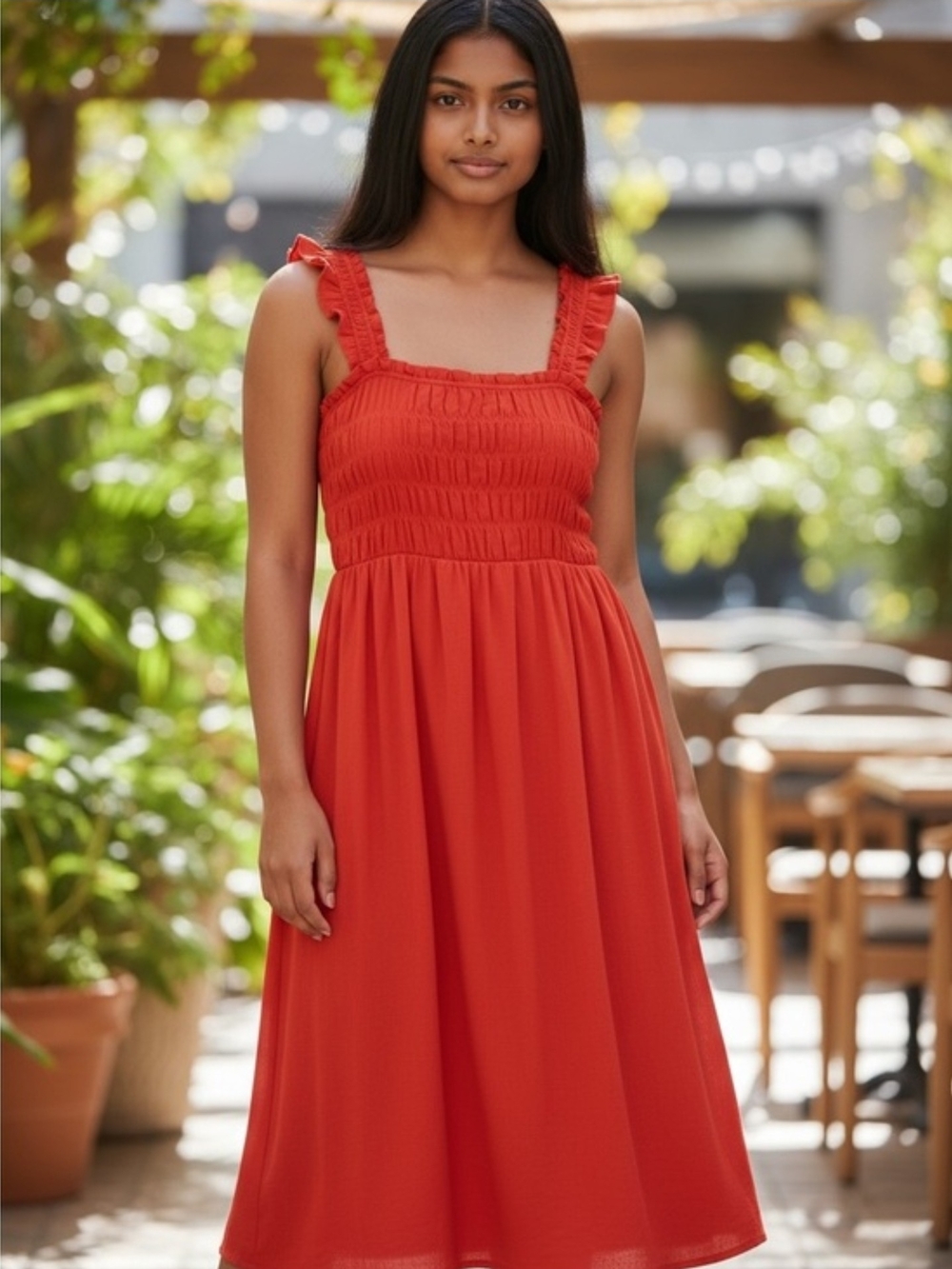 🦋 Old Navy Burnt Orange Smocked Square-Neck Maxi Dress with Ruffle Straps